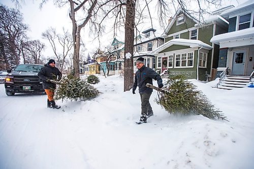 MIKAELA MACKENZIE / WINNIPEG FREE PRESS

Mark Dewar (left) and Jake Wolfe toss Christmas trees into a pickup to take down to the river, where they will help shelter areas at the Wolseley Winter Wonderland community skating path in Winnipeg on Tuesday, Jan. 4, 2022. Standup.
Winnipeg Free Press 2021.