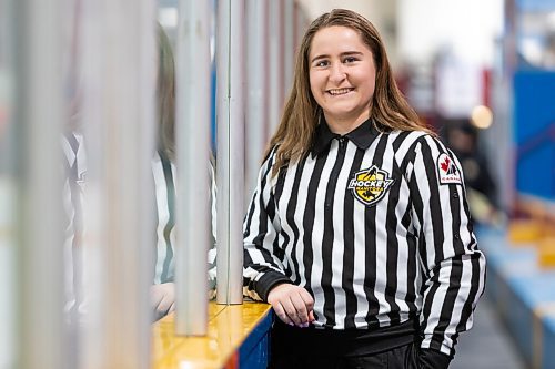 Daniel Crump / Winnipeg Free Press. Referee Camille Forbes lines a U15AAA game between the Bruins and the Thrashers game at Notre Dame arena. January 12, 2022.