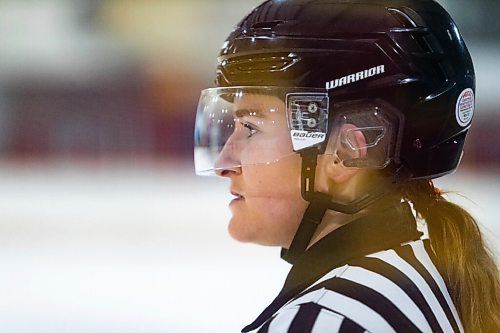 Daniel Crump / Winnipeg Free Press. Referee Camille Forbes lines a U15AAA game between the Bruins and the Thrashers game at Notre Dame arena. January 12, 2022.