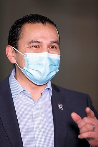 MIKE DEAL / WINNIPEG FREE PRESS
Wab Kinew (speaking), Leader of the Manitoba NDP, Malaya Marcelino, MLA for Notre Dame and Critic for Status of Women, and Adrien Sala, MLA for St. James, during a press conference in the Rotunda at the Manitoba Legislative building Friday morning.
See Carol Sanders story
220114 - Friday, January 14, 2022.