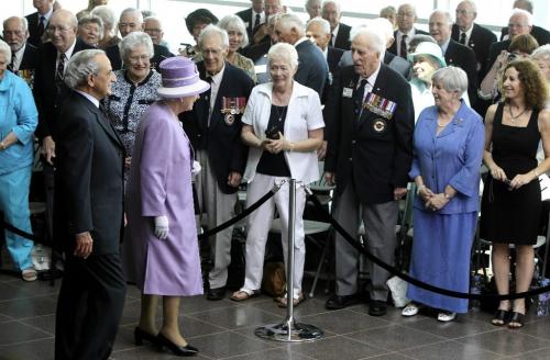 MIKE.DEAL@FREEPRESS.MB.CA 100703 - Saturday, July 03, 2010 -  Her Majesty Queen Elizabeth II arrives at the James Armstrong Richardson International Airport in Winnipeg, MB. Queen Elizabeth II is accompanied by Mr. Arthur Mauro, Chair of the Board of Directors of Winnipeg Airports Authority. Second World War veterans are presented to Her Majesty while on route to the main presentation.  Queen Elizabeth II and Prince Philip the Duke of Edinburgh were the first passengers of a flight to be processed at the new airport terminal. MIKE DEAL / WINNIPEG FREE PRESS