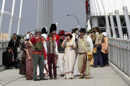 MIKE.DEAL@FREEPRESS.MB.CA 100703 - Saturday, July 03, 2010 -  Voyagers dressed in period clothing get ready to greet Queen Elizabeth II on the Esplanade Riel. MIKE DEAL / WINNIPEG FREE PRESS
