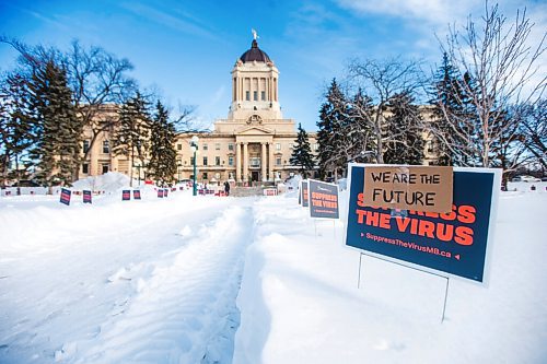 MIKAELA MACKENZIE / WINNIPEG FREE PRESS

A sign garden in support of and in solidarity with the Manitoba Students for COVID Safety Student Walkout on the legislative grounds in Winnipeg on Monday, Jan. 17, 2022. . For --- story.
Winnipeg Free Press 2022.