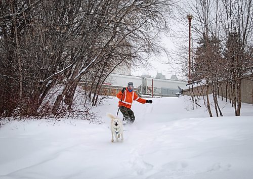 JESSICA LEE / WINNIPEG FREE PRESS

Jeremy Stevens work called a snow day so he and his dog Taiga went to The Forks. He is seen snowboarding down some steps at The Forks with Taiga on January 18, 2022. 







