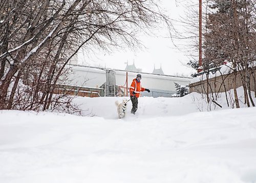 JESSICA LEE / WINNIPEG FREE PRESS

Jeremy Stevens work called a snow day so he and his dog Taiga went to The Forks. He is seen snowboarding down some steps at The Forks with Taiga on January 18, 2022. 







