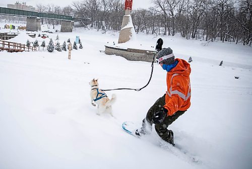 JESSICA LEE / WINNIPEG FREE PRESS

Jeremy Stevens work called a snow day so he and his dog Taiga went to The Forks. He is seen snowboarding down some steps at The Forks with Taiga on January 18, 2022. 







