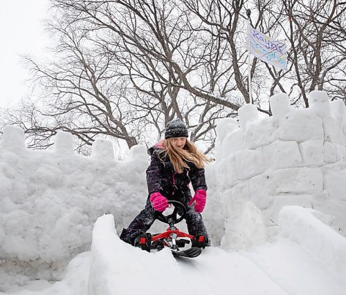 JESSICA LEE / WINNIPEG FREE PRESS

Kaya Raimbault is photographed going down the slide on a sled at the ice castle she built with the help of her neighbour Maurice "Mo" Barriault on January 21, 2022.

Reporter: Melissa





