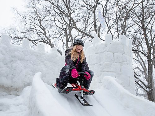 JESSICA LEE / WINNIPEG FREE PRESS

Kaya Raimbault is photographed going down the slide on a sled at the ice castle she built with the help of her neighbour Maurice "Mo" Barriault on January 21, 2022.

Reporter: Melissa




