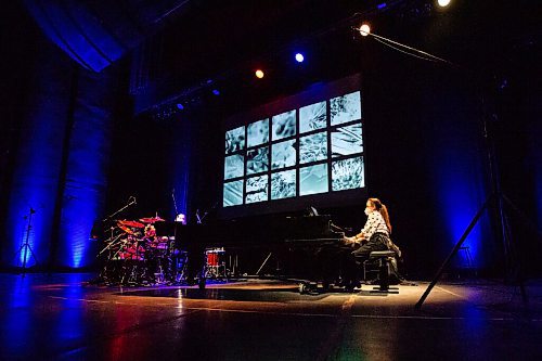 Daniel Crump / Winnipeg Free Press. Percussionist Ben Reimer and pianist Naomi Woo perform during a rehearsal for the Winnipeg New Music Festival Digital Landscapes at the Centennial Concert Hall in Winnipeg. January 24, 2022.