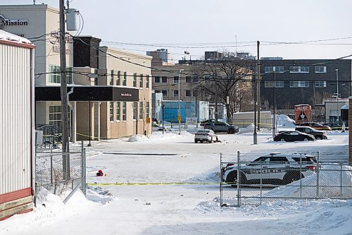 Daniel Crump / Winnipeg Free Press. A heavy police presence can be seen around Siloam Mission as they investigate a shooting Saturday morning. January 29, 2022.