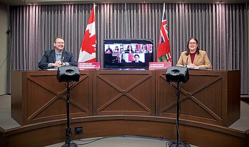 MIKE DEAL / WINNIPEG FREE PRESS
Premier Heather Stefanson and Manitoba Education and Early Childhood Learning Minister Wayne Ewasko are joined Thursday morning by virtual participants, Prime Minister Justin Trudeau, Federal Families, Children and Social Development Minister Karina Gould and Federal Northern Affairs Minister Dan Vandal during an announcement about early learning child-care in Manitoba.
220203 - Thursday, February 03, 2022.