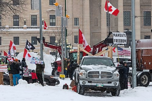 Daniel Crump / Winnipeg Free Press. The trucker convoy protest at the Manitoba legislature continues Saturday morning in Winnipeg. February 5, 2022.