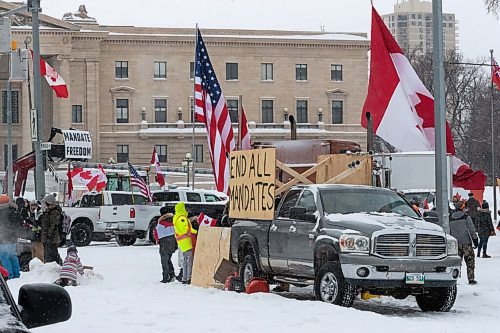 Daniel Crump / Winnipeg Free Press. The trucker convoy protest at the Manitoba legislature continues Saturday morning in Winnipeg. February 5, 2022.