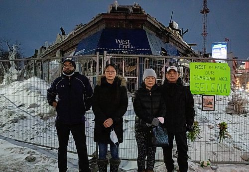 JESSICA LEE / WINNIPEG FREE PRESS

Community members who owned business housed in the Kirkwood block pose for a photo on February 9, 2022 outside of the building which recently burned down. From left to right: Yared Teklezigi, Xinyu Shen, Min Soon Lee and Young Ae Lee. Teklezigi owned a salon and night club; Shen owned a donut shop and the Lees owned a convenience store. The building which housed the businesses was damaged by a fire on February 2, 2022. The building is covered with ice from the water the firefighters used to put out the flames.

Reporter: Ben
