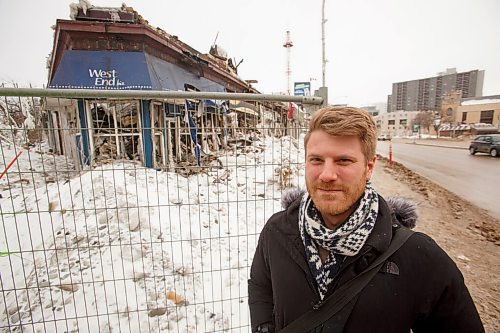 MIKE DEAL / WINNIPEG FREE PRESS
Joe Kornelsen, Executive Director, West End BIZ, in front of their former office which was consumed during a fire at the beginning of February. 
See Ben Waldman story
220209 - Wednesday, February 09, 2022.