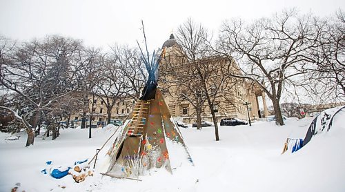 MIKE DEAL / WINNIPEG FREE PRESS
The small tipi where the sacred fire has been burning on the grounds of the Manitoba Legislative building. 
See Melissa Martin story
220210 - Thursday, February 10, 2022.