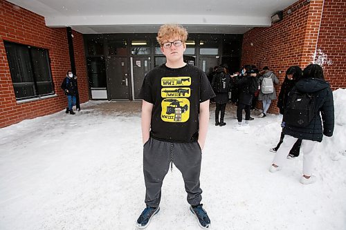 JOHN WOODS / WINNIPEG FREE PRESS
Ethan Brinkman, a grade 12 student at Sisler High School, is photographed outside the school Tuesday, February 15, 2022. Brinkman weighed in on what should and shouldnt be included in a post-COVID learning plan for students.

Re: macintosh