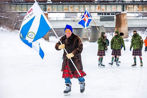 MIKAELA MACKENZIE / WINNIPEG FREE PRESS

Dwight MacAulay participates in the Great Canadian Kilt Skate, put on by the St. Andrews Society of Winnipeg, at The Forks in Winnipeg on Monday, Feb. 21, 2022. Last year Winnipeg won the national title as kilt skate capital of Canada. Standup.
Winnipeg Free Press 2022.