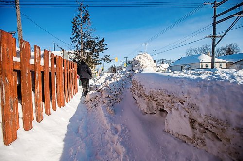 MIKAELA MACKENZIE / WINNIPEG FREE PRESS

Pedestrians struggle to navigate the almost non-existent sidewalk, which has been taken over by snowbanks, on Saint Matthews Avenue in Winnipeg on Tuesday, Feb. 22, 2022. For Malak story.
Winnipeg Free Press 2022.