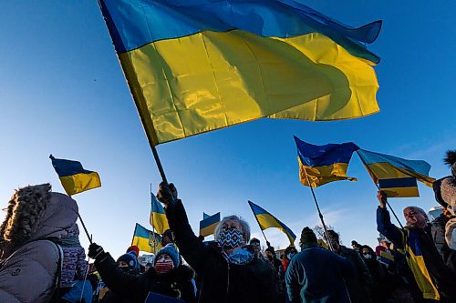 Daniel Crump / Winnipeg Free Press. Thousands gathered at the Manitoba legislature in Winnipeg Saturday evening to show their support for Ukraine. February 26, 2022.