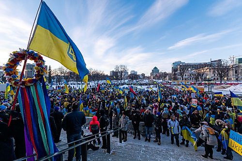 Daniel Crump / Winnipeg Free Press. Thousands gathered at the Manitoba legislature in Winnipeg Saturday evening to show their support for Ukraine. February 26, 2022.