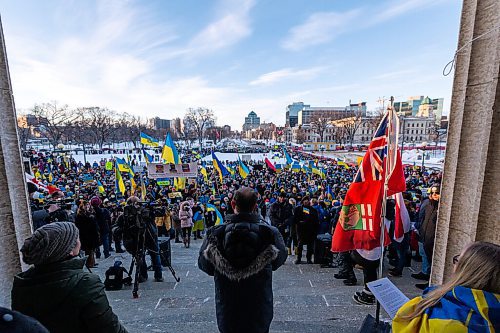 Daniel Crump / Winnipeg Free Press. Thousands gathered at the Manitoba legislature in Winnipeg Saturday evening to show their support for Ukraine. February 26, 2022.