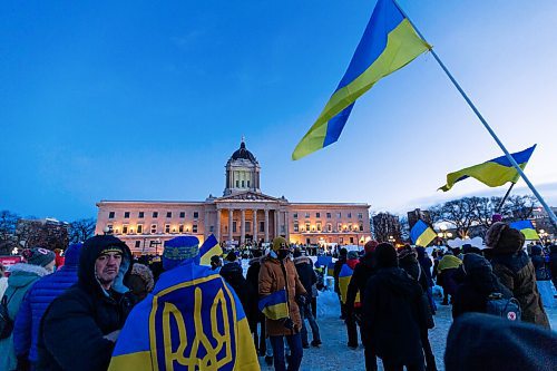 Daniel Crump / Winnipeg Free Press. Thousands gathered at the Manitoba legislature in Winnipeg Saturday evening to show their support for Ukraine. February 26, 2022.