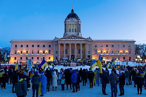 Daniel Crump / Winnipeg Free Press. Thousands gathered at the Manitoba legislature in Winnipeg Saturday evening to show their support for Ukraine. February 26, 2022.