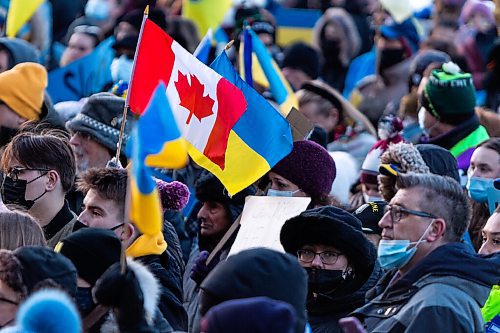 Daniel Crump / Winnipeg Free Press. Thousands gathered at the Manitoba legislature in Winnipeg Saturday evening to show their support for Ukraine. February 26, 2022.