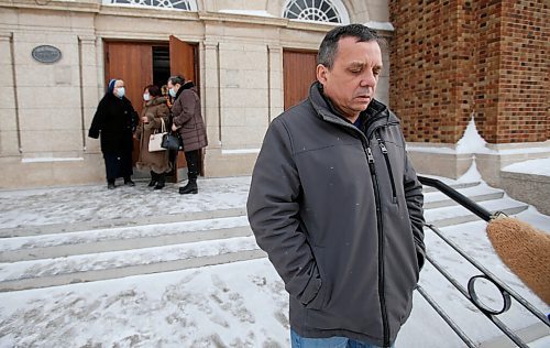 JOHN WOODS / WINNIPEG FREE PRESS
Michael Korniat, who has a close friend in Kyiv and parents left because of communism in the 60s, speaks about his concerns for the people of The Ukraine outside St Vladimir & Olga Cathedral on McGregor in Winnipeg Sunday, February 27, 2022. People were attending the church to pray for the people during the Russian invasion of The Ukraine.

Re: Macintosh