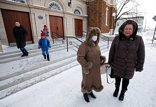 JOHN WOODS / WINNIPEG FREE PRESS
Halyna Hutsulak, right, who moved here in 1999 and has a son and grandchildren living in Ukraine, speaks about her concerns for the people of The Ukraine outside St Vladimir & Olga Cathedral on McGregor in Winnipeg Sunday, February 27, 2022. People were attending the church to pray for the people during the Russian invasion of The Ukraine.

Re: Macintosh