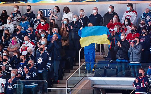 JOHN WOODS / WINNIPEG FREE PRESS
Fans listen to Hoosli Male Chorus sing the Ukraine and Canada anthems before the Winnipeg Jets and the Montreal Canadiens play in Winnipeg on Tuesday, March 1, 2021.