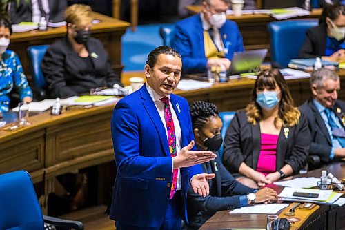 MIKAELA MACKENZIE / WINNIPEG FREE PRESS

NDP leader Wab Kinew on the first day back in session at the Manitoba Legislative Building in Winnipeg on Wednesday, March 2, 2022. For Carol Sanders story.
Winnipeg Free Press 2022.