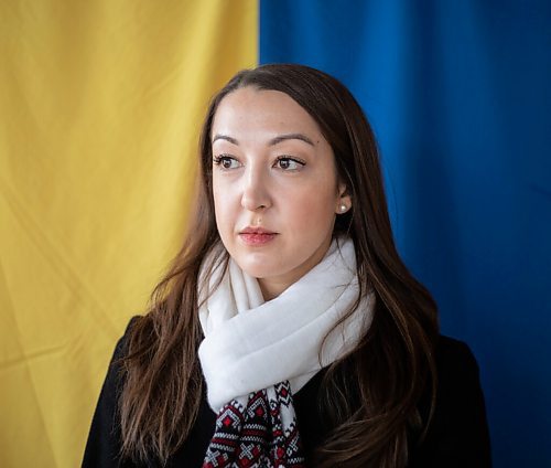 JESSICA LEE / WINNIPEG FREE PRESS

Alexandra Shkandrij, volunteer Ukrainian Canadian Congress spokesperson, poses for a photo at Oseredok, the Canadian Cultural Centre, on March 4, 2022.

Reporter: Carol
