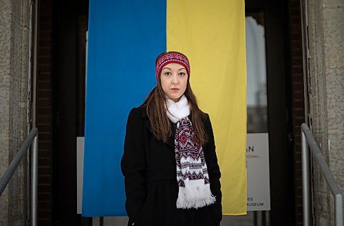 JESSICA LEE / WINNIPEG FREE PRESS

Alexandra Shkandrij, volunteer Ukrainian Canadian Congress spokesperson, poses for a photo at Oseredok, the Canadian Cultural Centre, on March 4, 2022.

Reporter: Carol
