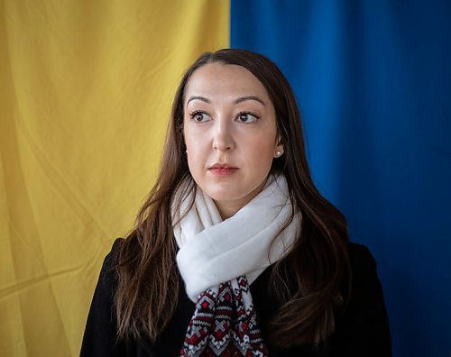 JESSICA LEE / WINNIPEG FREE PRESS

Alexandra Shkandrij, volunteer Ukrainian Canadian Congress spokesperson, poses for a photo at Oseredok, the Canadian Cultural Centre, on March 4, 2022.

Reporter: Carol
