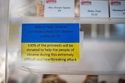 Daniel Crump / Winnipeg Free Press. Goodies Bake Shop on Ellice ave is selling heart shaped sugar cookies decorated with gold and blue icing to raise money for Ukraine. The Heart for Ukraine cookies have proven extremely popular and are selling out every day. March 5, 2022.