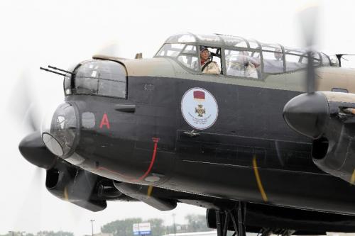 MIKE.DEAL@FREEPRESS.MB.CA 100729 - Thursday, July 29, 2010 -  The "Mynarski Memorial" Avro Lancaster Mk10 Bomber arrives at the Western Canada Aviation Museum and will be on display during the August long weekend. Member of the flight crew, Leon Evans, pilots the plane to the Museum's hangar. See Tania Kohut story MIKE DEAL / WINNIPEG FREE PRESS