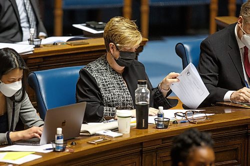 MIKE DEAL / WINNIPEG FREE PRESS
Lisa Naylor, NDP MLA for Wolseley, wore a mask during question period.
MLA's during Question Period on the first day that the province has lifted all remaining public health orders, leaving it up to individuals to decide if they want to wear masks. Some MLA's decided to continue wearing masks, many did not.
220315 - Tuesday, March 15, 2022.