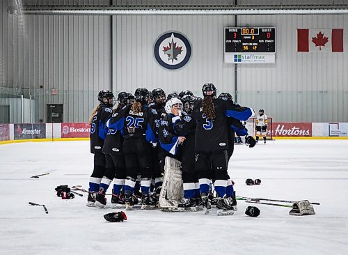 JESSICA LEE / WINNIPEG FREE PRESS

Collège Jeanne-Sauvé won the womens high school hockey championship against J.H. Bruns (3-0) on March 17, 2022 during the third finals game. CJS players cheer and enter the rink after the third period ends.

Reporter: Taylor

