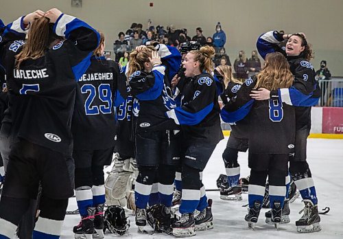 JESSICA LEE / WINNIPEG FREE PRESS

Collège Jeanne-Sauvé won the womens high school hockey championship against J.H. Bruns (3-0) on March 17, 2022 during the third finals game. CJS players cheer and enter the rink after the third period ends.

Reporter: Taylor
