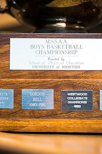 MIKAELA MACKENZIE / WINNIPEG FREE PRESS

The M.S.A.A. Boys Basketball Championship trophy, with a plaque for when the 1981 Gordon Bell team won the championship, in Winnipeg on Tuesday, March 22, 2022.  For Mike Sawatzky story.
Winnipeg Free Press 2022.