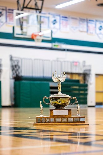 MIKAELA MACKENZIE / WINNIPEG FREE PRESS

The M.S.A.A. Boys Basketball Championship trophy, with a plaque for when the 1981 Gordon Bell team won the championship, in Winnipeg on Tuesday, March 22, 2022.  For Mike Sawatzky story.
Winnipeg Free Press 2022.