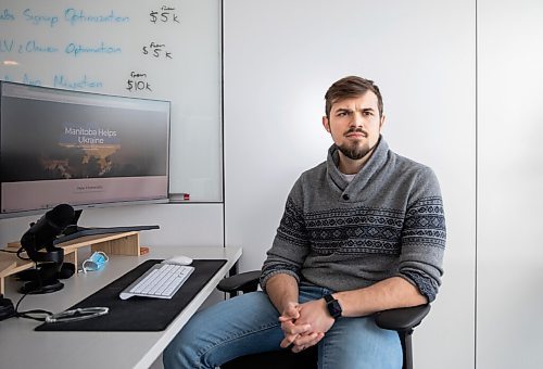 JESSICA LEE / WINNIPEG FREE PRESS

Ukrainian-born web designer Andriy Rudnyk poses for a photo on March 23, 2022 at his office at North Forge at University of Manitoba.

Reporter: Cody


