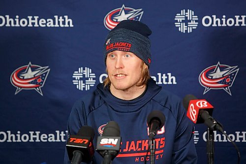 MIKE DEAL / WINNIPEG FREE PRESS
Former Winnipeg Jet, Patrik Laine, who was traded to the Columbus Blue Jackets in 2021 talks to the media about playing his first game as an opponent in the Canada Life Centre.
220325 - Friday, March 25, 2022.