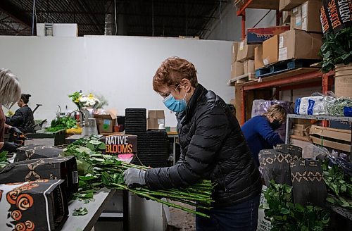 JESSICA LEE / WINNIPEG FREE PRESS

Joan McCorrister bundles together flowers at Petals West on March 29, 2022. The flowers will be assembled into bouquets which will be sold at WAGs Art in Bloom event.

Reporter: Alan
