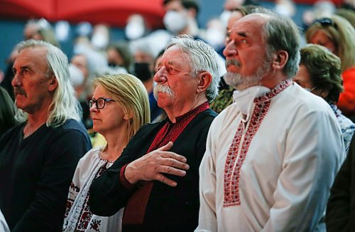 JOHN WOODS / WINNIPEG FREE PRESS
People sing the Ukraine anthem in Stand With Ukraine Benefit Concert at Seven Oaks Performing Arts Centre Sunday, April 3, 2022. The concerts are in support of Ukraine Humanitarian Appeal during the Russian invasion.

Re: Piche