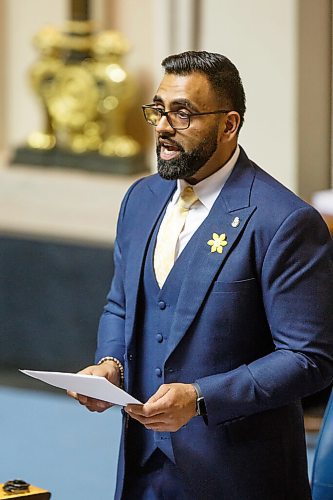 MIKE DEAL / WINNIPEG FREE PRESS
Obby Khan, MLA Fort Whyte, speaks in the assembly chamber during his first Question Period, Monday afternoon.
220404 - Monday, April 04, 2022.