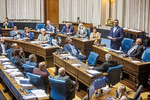 MIKE DEAL / WINNIPEG FREE PRESS
Obby Khan, MLA Fort Whyte, speaks in the assembly chamber during his first Question Period, Monday afternoon.
220404 - Monday, April 04, 2022.