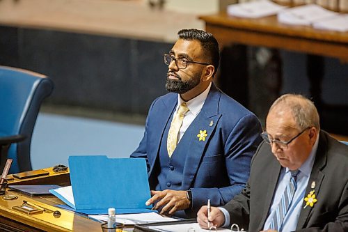 MIKE DEAL / WINNIPEG FREE PRESS
Obby Khan, MLA Fort Whyte, in the assembly chamber for his first Question Period, Monday afternoon.
220404 - Monday, April 04, 2022.